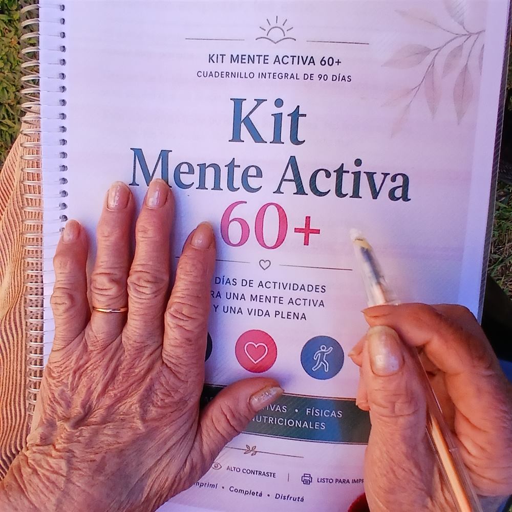 Manos de una persona mayor sosteniendo el Kit Mente Activa 60+ impreso y anillado
